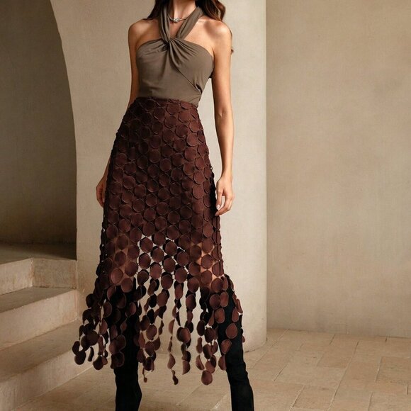 Brown Casual Women's Laser Cut Multi Circle Double Layered Skirt - Picture 3 of 7